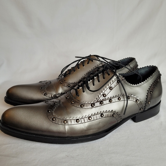 Jo Ghost Leather Made in Italy Brogue Pewter Dress Shoes Size 40 - Picture 3 of 12